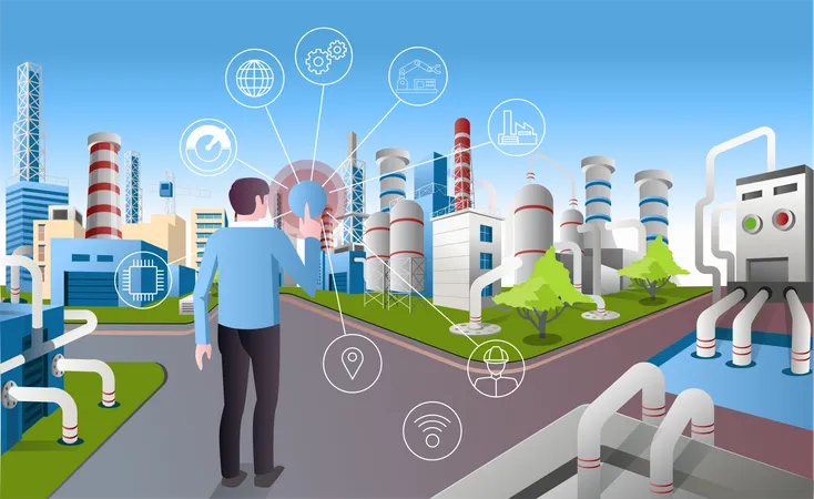 Man controlling factory with iot  Illustration