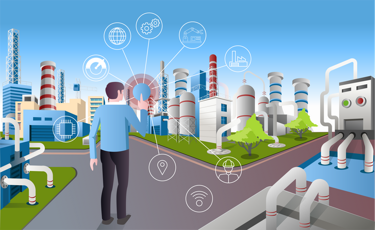 Man controlling factory with iot  일러스트레이션