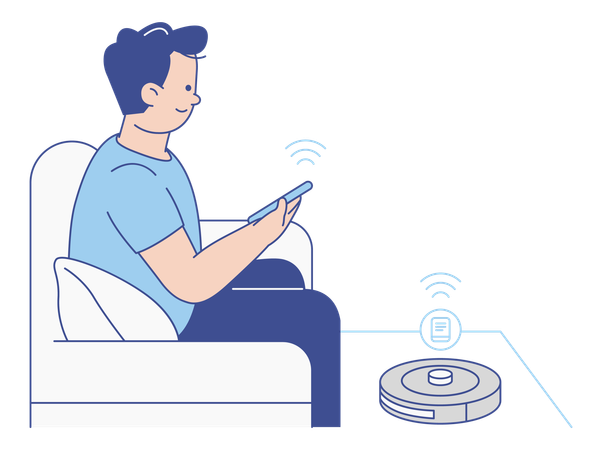 Man Controlling Robot Vacuum Cleaner with Smart Phone  Illustration