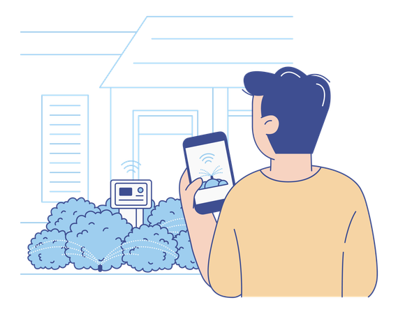 Man Controlling Smart Home Garden Sprinkler System with Smartphone  Illustration