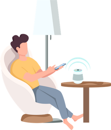 Man controlling smart speaker with phone  Illustration