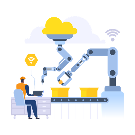 Man controls manipulator collecting and packing boxes on conveyor  Illustration