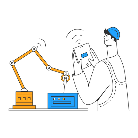 Man controls robotic arm in using remote control  Illustration