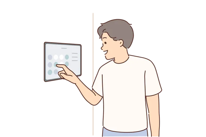 Man Controls Smart Home System Using Digital Panel Hanging On Wall To Turn Iot Devices On And Off Guy Is Standing In Room Adjusting Temperature And Lighting In Apartment Equipped With Smart Home Illustration