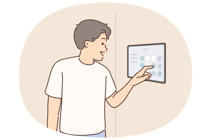 남자가 벽에 걸린 디지털 패널을 이용해 IoT 기기를 켜고 끄고 스마트 홈 시스템을 제어합니다.  일러스트레이션