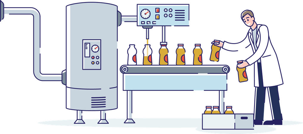 Man Controls Work Of Juice Filling Process On Conveyor Belt and Putting Full Bottles With Juice In Illustration