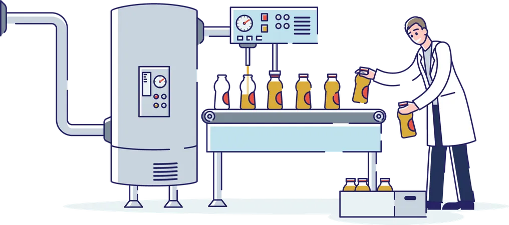 Worker Working At Juices Production Factory Man Controls Work Of Juice Filling Process On Conveyor Belt Putting Full Bottles With Juice In Box Cartoon Linear Outline Flat Style Vector Illustration Illustration