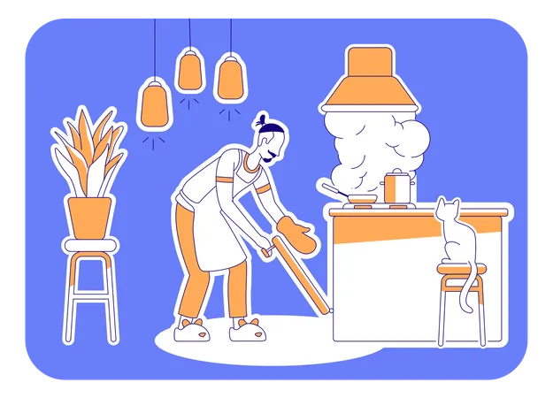 Man Cook At Home Flat Silhouette Vector Illustration Domestic Cookery Kitchen Interior House Chores And Housework Chef Outline Character On Blue Background Culinary Simple Style Drawing Illustration