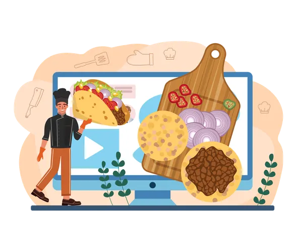 Tacos Online Service Or Platform Traditional Mexican Fast Food With Meat And Vegetable Tortilla With Different Toppings Online Recipe Flat Vector Illustration Illustration