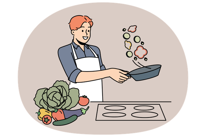 Man cook standing at stove and prepares romantic dinner of fried vegetables for beloved woman  Illustration