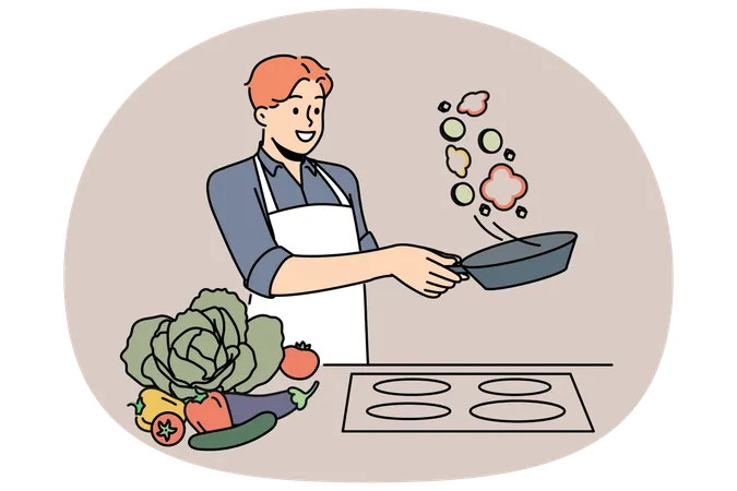 Man cook standing at stove and prepares romantic dinner of fried vegetables for beloved woman  Illustration