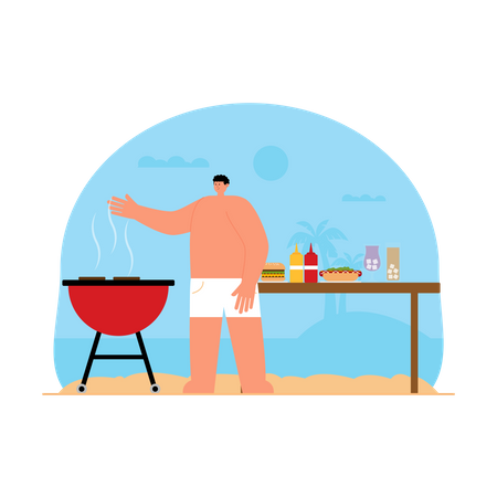 Man cooking barbeque at beach  Illustration