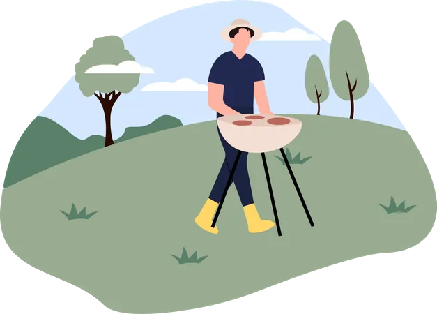 Man cooking barbeque at forest  Illustration