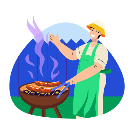 Man cooking bbq food in backyard  Illustration