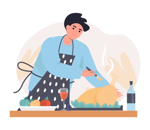 Man Cooking   Chicken  Illustration