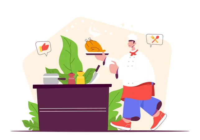 Man Cooking Chicken Illustration