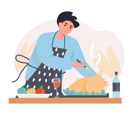 Man Cooking   Chicken  Illustration