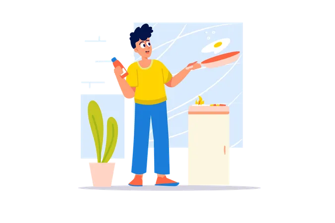 Man cooking eggs in saucepan  Illustration