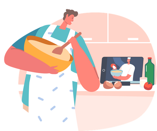 Man cooking food while learning from online video tutorial  Illustration