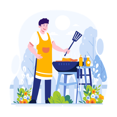 Man cooking in garden Illustration