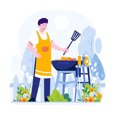 Man cooking in garden Illustration