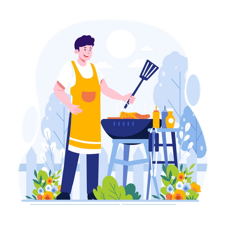 Man cooking in garden  Illustration