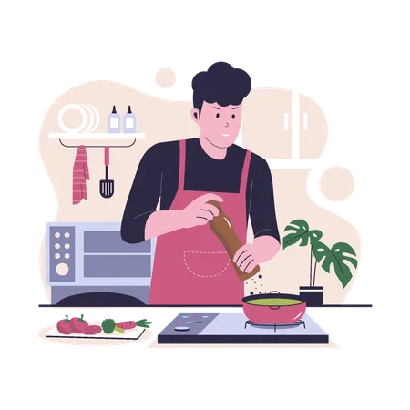 Man Cooking In The Kitchen Vector Flat Illustration Illustration