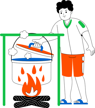 Man Cooking In The Camping Area  Illustration