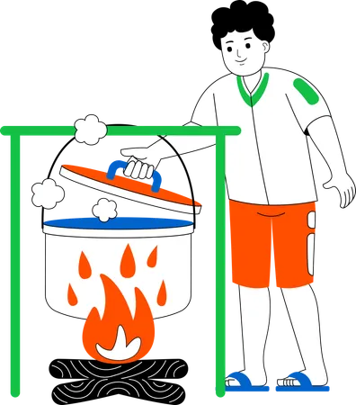 Man Cooking In The Camping Area  Illustration