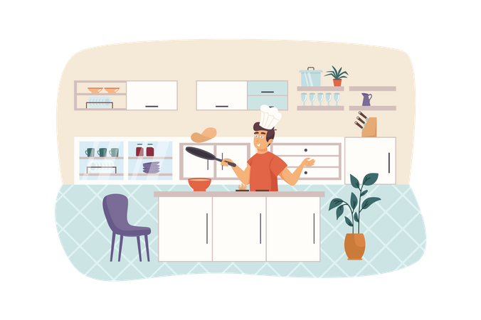 Man cooking pancakes in kitchen  Illustration