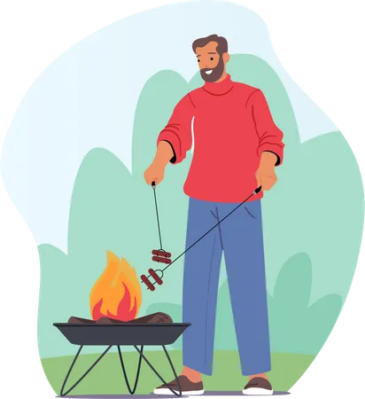 Man cooking sausage on campfire Illustration