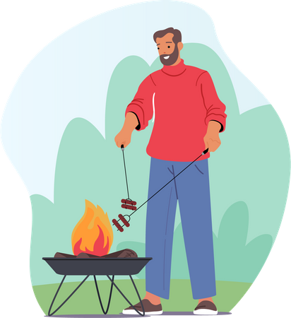 Man cooking sausage on campfire  Illustration