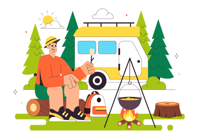 Man cooks foods on Summer Camping  Illustration