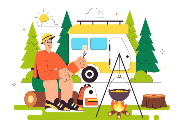 Man cooks foods on Summer Camping  Illustration