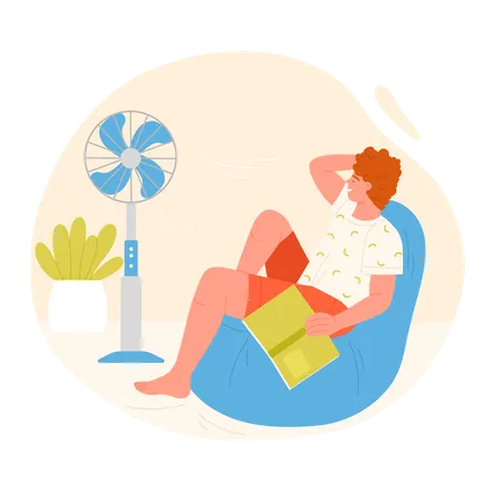 Cartoon Isolated Hot Summer Scene With Man Boy Cooling At Electric Ventilator Blowing Sitting At Home Vector Illustration Illustration