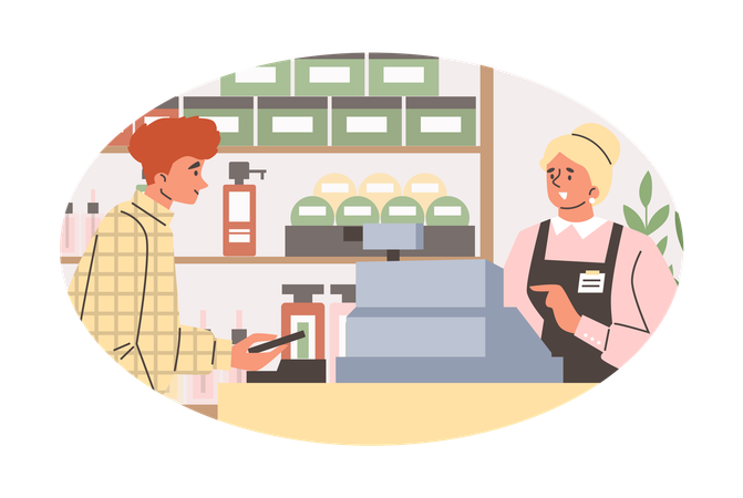 Man cosmetic shop pays for purchases by phone beauty accessories shopping  Illustration