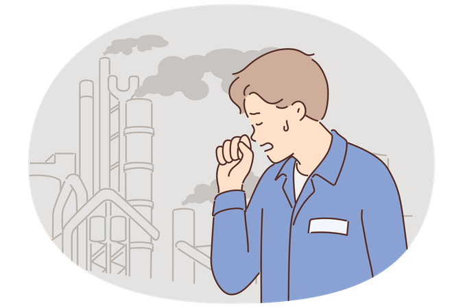 Man coughs standing near industrial plant with toxic smoke coming out of chimneys of chemical plant  Illustration
