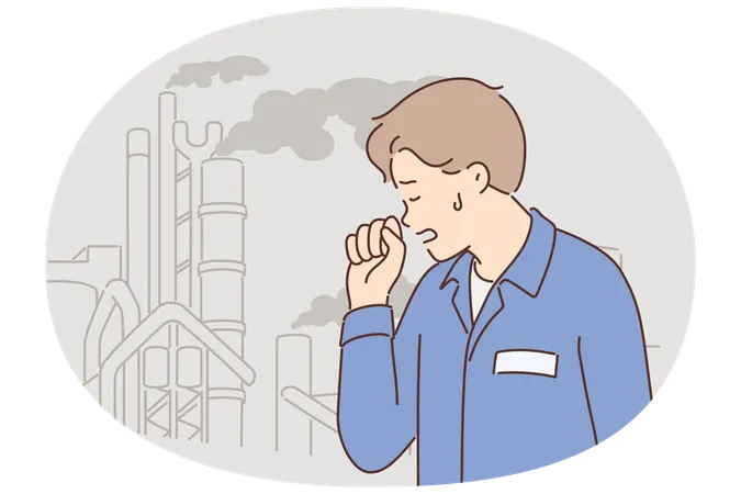 Man coughs standing near industrial plant with toxic smoke coming out of chimneys of chemical plant  Illustration