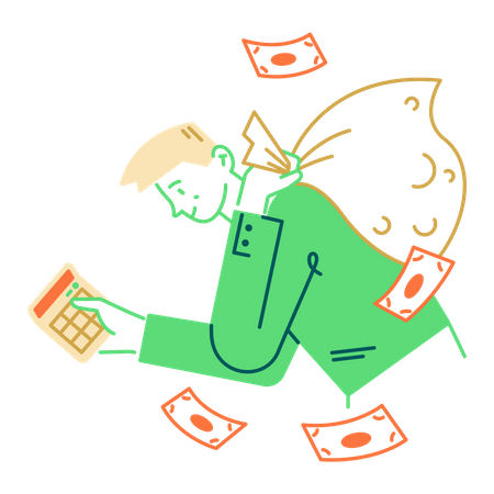 Man counting money on calculator  Illustration