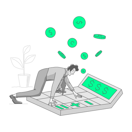 Man counts profits on a calculator  Illustration