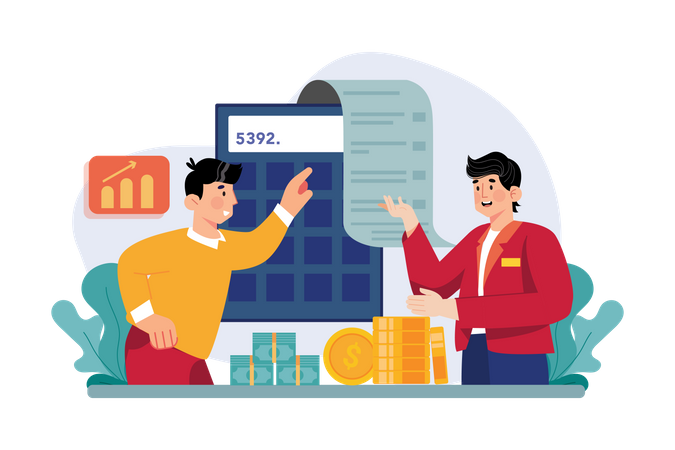 Man counts profits on a calculator  Illustration