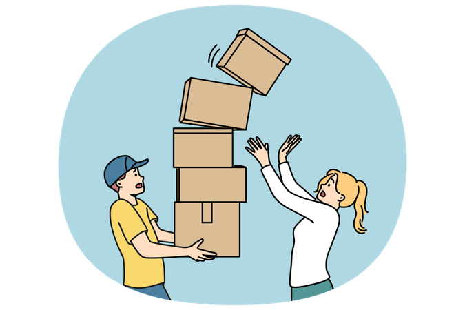 Man courier carries stack of boxes and drops one of parcels standing near woman recipient of order  Illustration