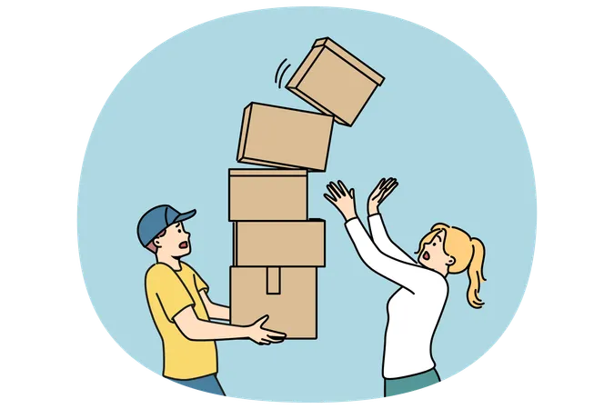Man courier carries stack of boxes and drops one of parcels standing near woman recipient of order  Illustration