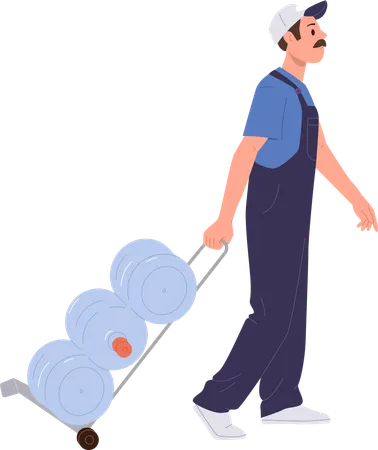Man courier carrying trolley with bottled water  Illustration