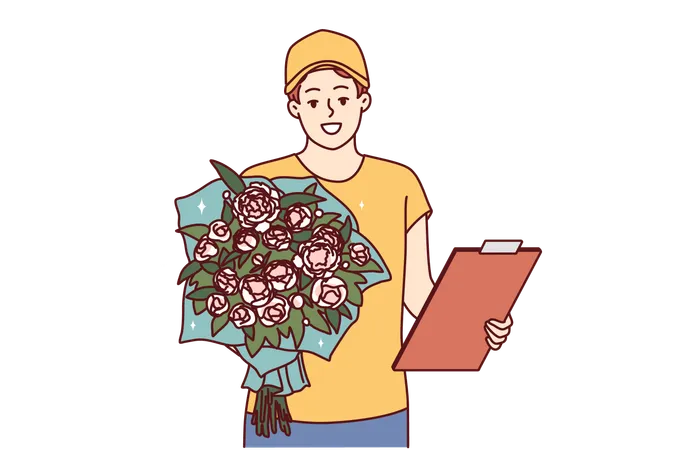 Man courier with bouquet of flowers and clipboard holds roses to screen while presenting gift  Illustration