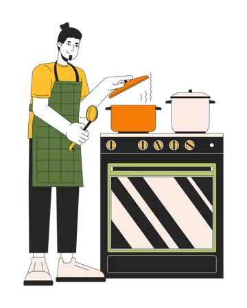 Covering Pot With Lid While Cooking Line Cartoon Flat Illustration Stove Food Preparation Caucasian Guy 2 D Lineart Character Isolated On White Background Saving Energy Scene Vector Color Image Illustration