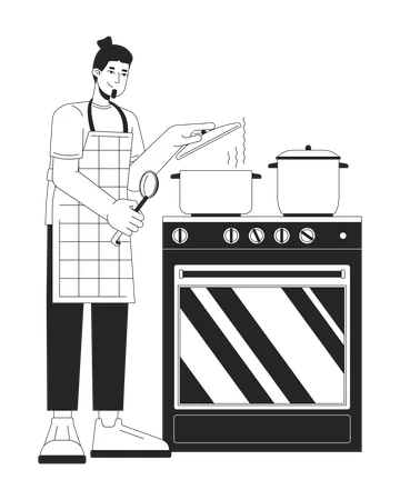 Covering Pot With Lid While Cooking Black And White Cartoon Flat Illustration Stove Food Preparation Caucasian Guy 2 D Lineart Character Isolated Saving Energy Monochrome Scene Vector Outline Image Illustration