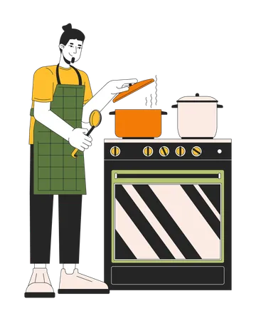 Man Covering pot with lid while cooking  Illustration