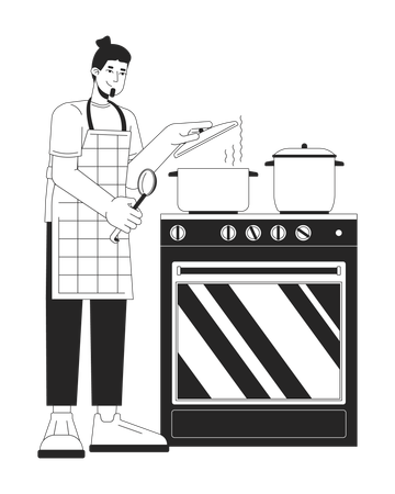 Man Covering pot with lid while cooking  Illustration