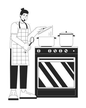 Man Covering pot with lid while cooking  Illustration